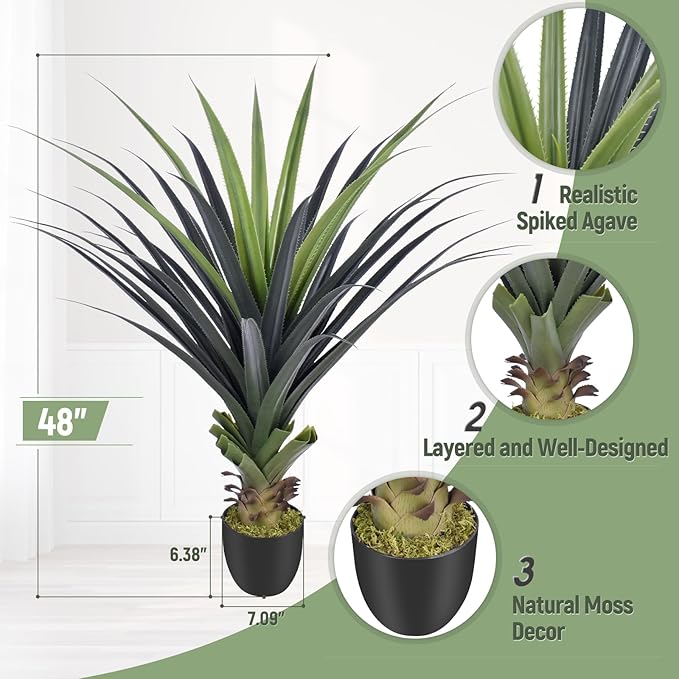 4ft Artificial Spiked Agave Plant, 48" Faux Agave Plants Indoor Small Floor Plant Perfect for Front Porch, Patio, Indoor Outdoor Home, Office Decor 1pcs