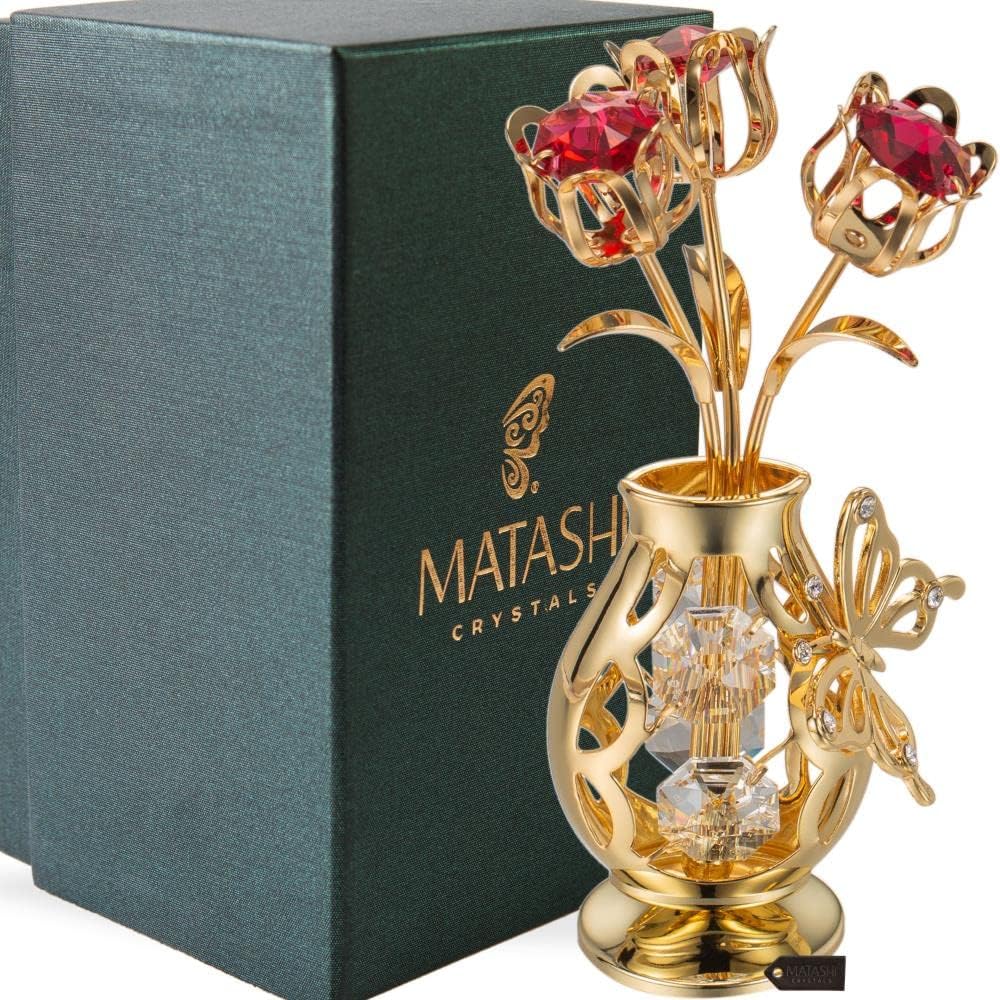 Matashi 24K Gold Plated Crystal Studded Flower Ornament in a Vase w Decorative Butterfly (Red Crystals) – Stunning Home Decor Showpiece, Gift for Mom, Wife, Grandma – Ideal for Mother’s Day, Christmas