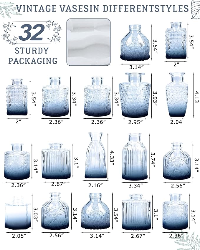 Yirilan Bud Vases Set of 32 PCS, Small Flower Vases for Table Centerpieces, Mini Vases for Single Stem Flowers, Glass Vases for Centerpieces, Wedding & Home Decor, Clear (Blue Gradient, 32 pcs)