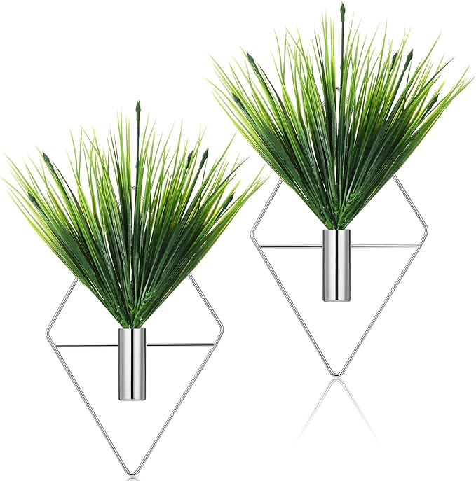 2 Pieces Wall Decor Hanging Planters with Artificial Plants Metal Hanging Vase Indoor Plants Holder Modern Boho Wall Art for Bathroom Bedroom Living Room Decor(Silver,Aquatic Plant)