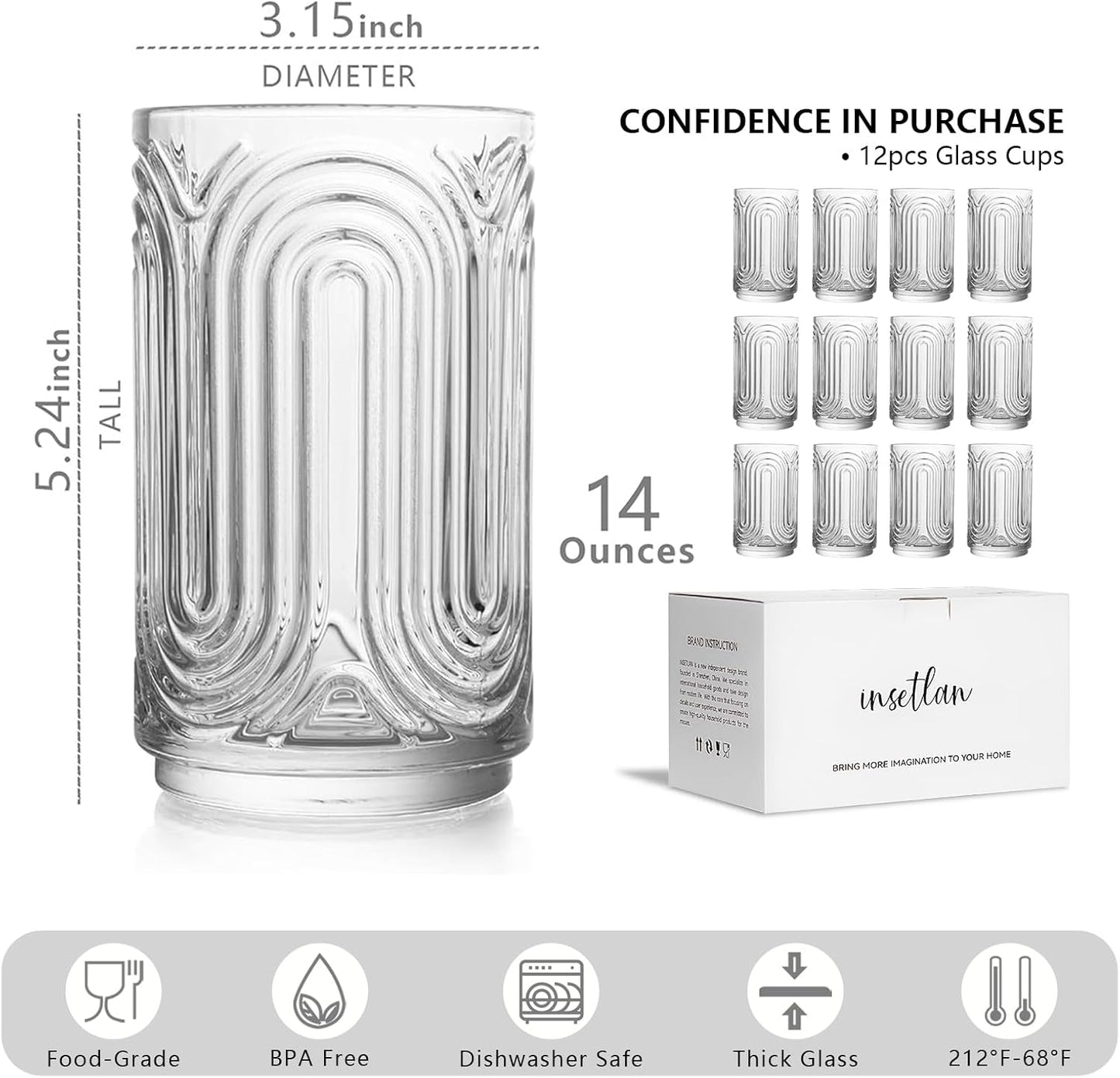 INSETLAN Set of 12 Vintage Glassware - 14 oz Water Drinking Glasses, Art Deco Ripple Glass Cup, Cocktail Glasses, for Bar Beverages, Iced Coffee, Juice, Housewarming Presents, New House Essentials