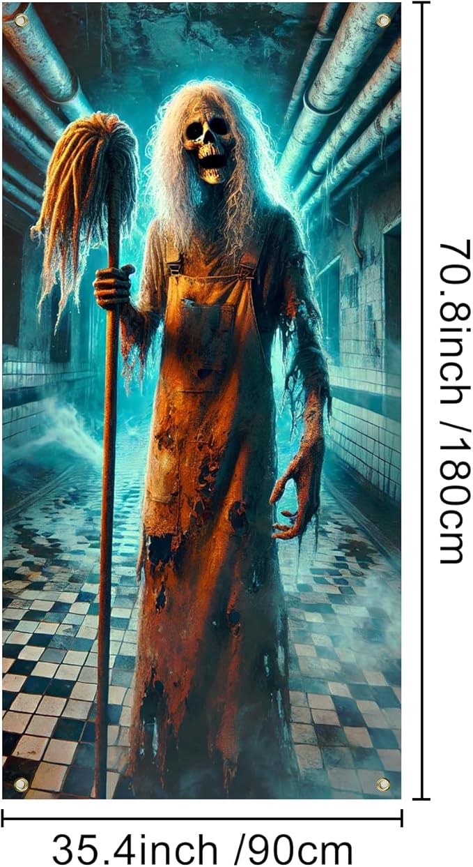 IVN Horror Door Banner 35x71 Inch Skeleton With Long White Hair Holding Mop Abandoned Corridor Background Blue Light Smoke Haunted Halloween Porch Decoration Scary Spooky Horror Theme