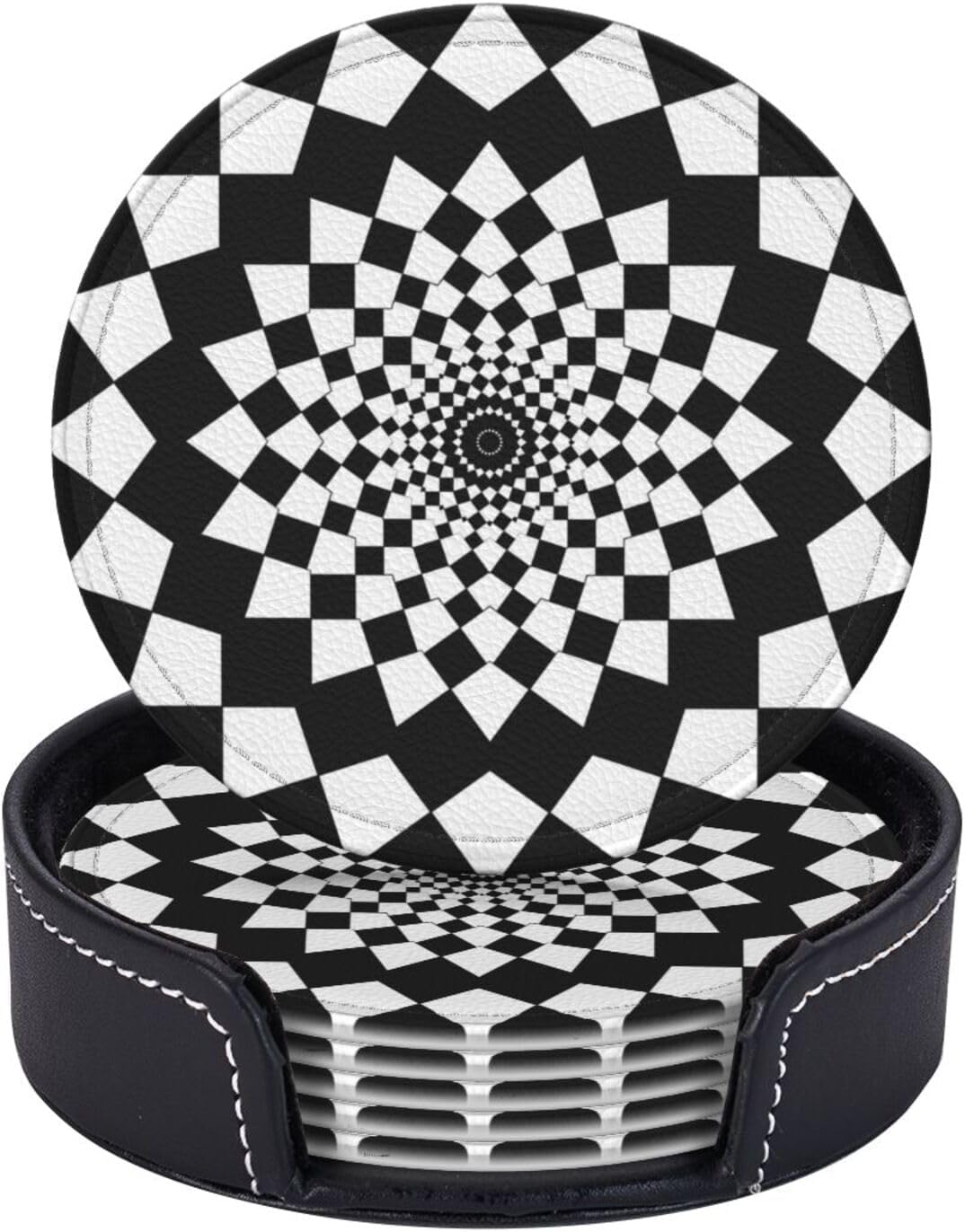 Drink Coasters with Holder Stand Set of 6, Mandala Chessboard Pu Leather Absorbent Coasters with Cork Base Table Round Coaster for Housewarming Apartment Kitchen Bar Decor