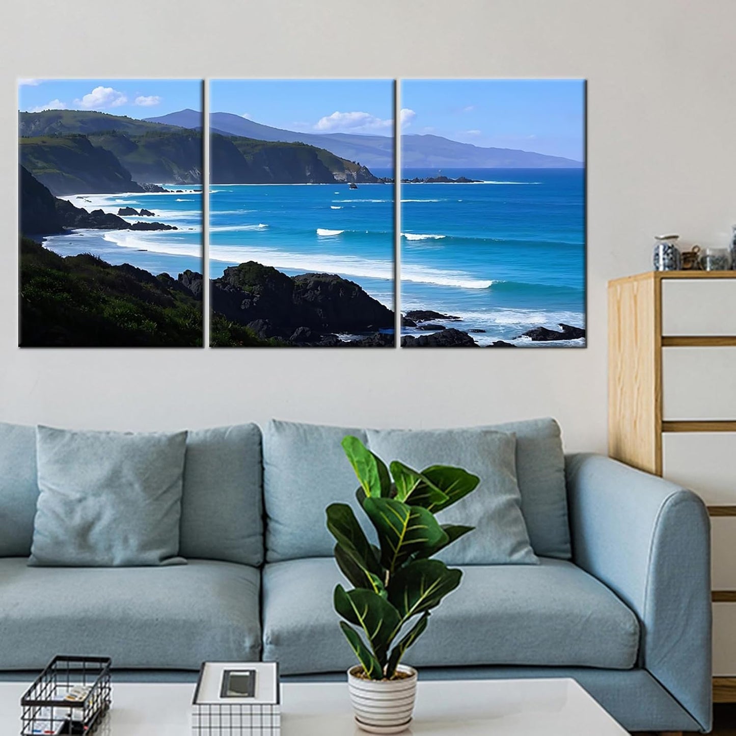 Beautiful Coastline Landscape Poster Print for Office Wall Decor Ocean Scenery Canvas Wall Art Nature Landscape Summer Wooden Framed Painting Artwork for Living Room Hotel Ready to Hang [60''Wx28''H]