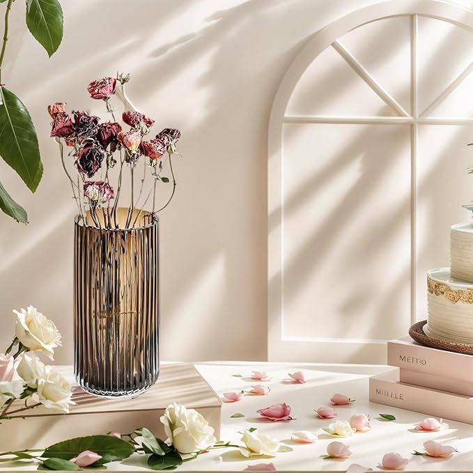 Ekirlin Amber 7.5 inch Flower Vase for Home Decor, Thickened Hand Blow Glass Vase Round Vintage Striped Bottles for Bookshelf,Dinner Table,Indoor Office Desktop,Meeting Room,Bathroom, Best Gift