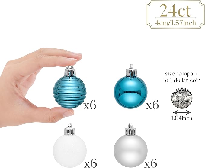 Valery Madelyn 1.57 Inches Small Christmas Tree Decorations Ornament Set for Fall Halloween, 24ct Light Blue and Silver Shatterproof Hanging Ball Ornaments Holiday Party Decor