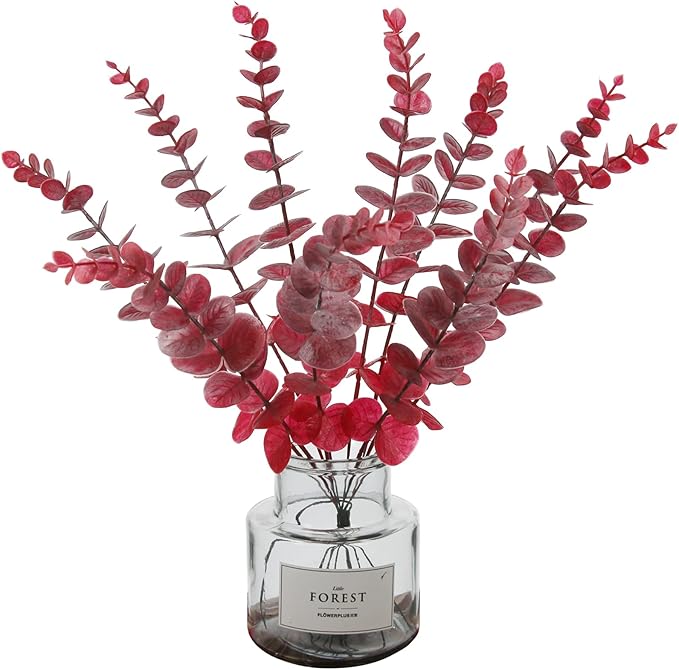Tinsow Real Touch Leaf Artificial Eucalyptus Stem Faux Eucalyptuses Wedding Bouquet Centerpiece Home Decor (26, Red)