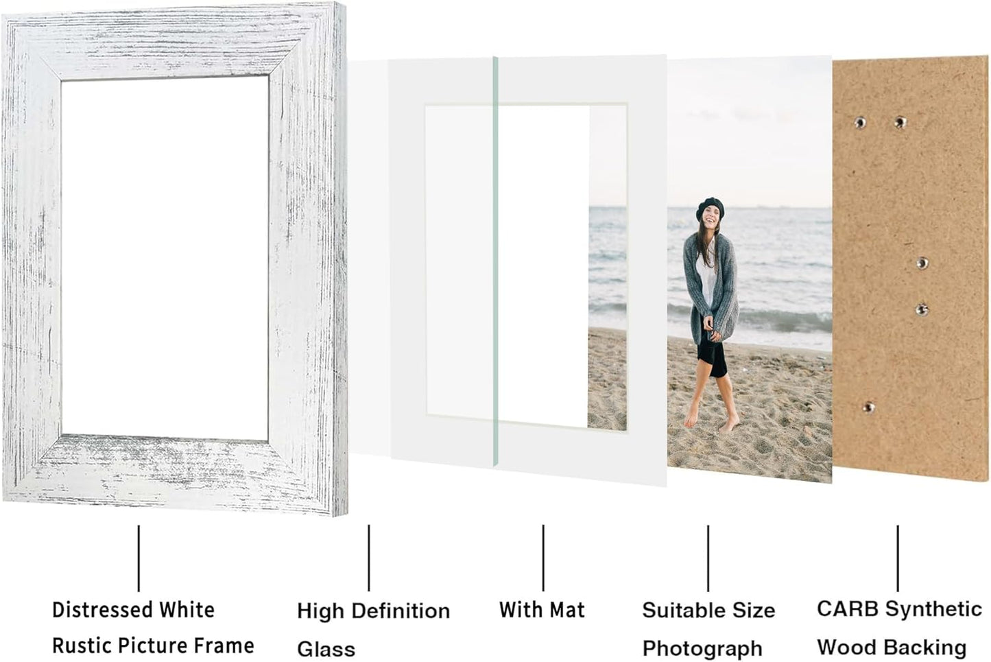 iRahmen 4x6 Picture Frame Set of 2, Distressed White Wood Photo Frame with HD Glass - Display Pictures 3.5x5 with Mat or 4 x 6 without Mat for Horizontal or Vertical Tabletop and Wall Mounting