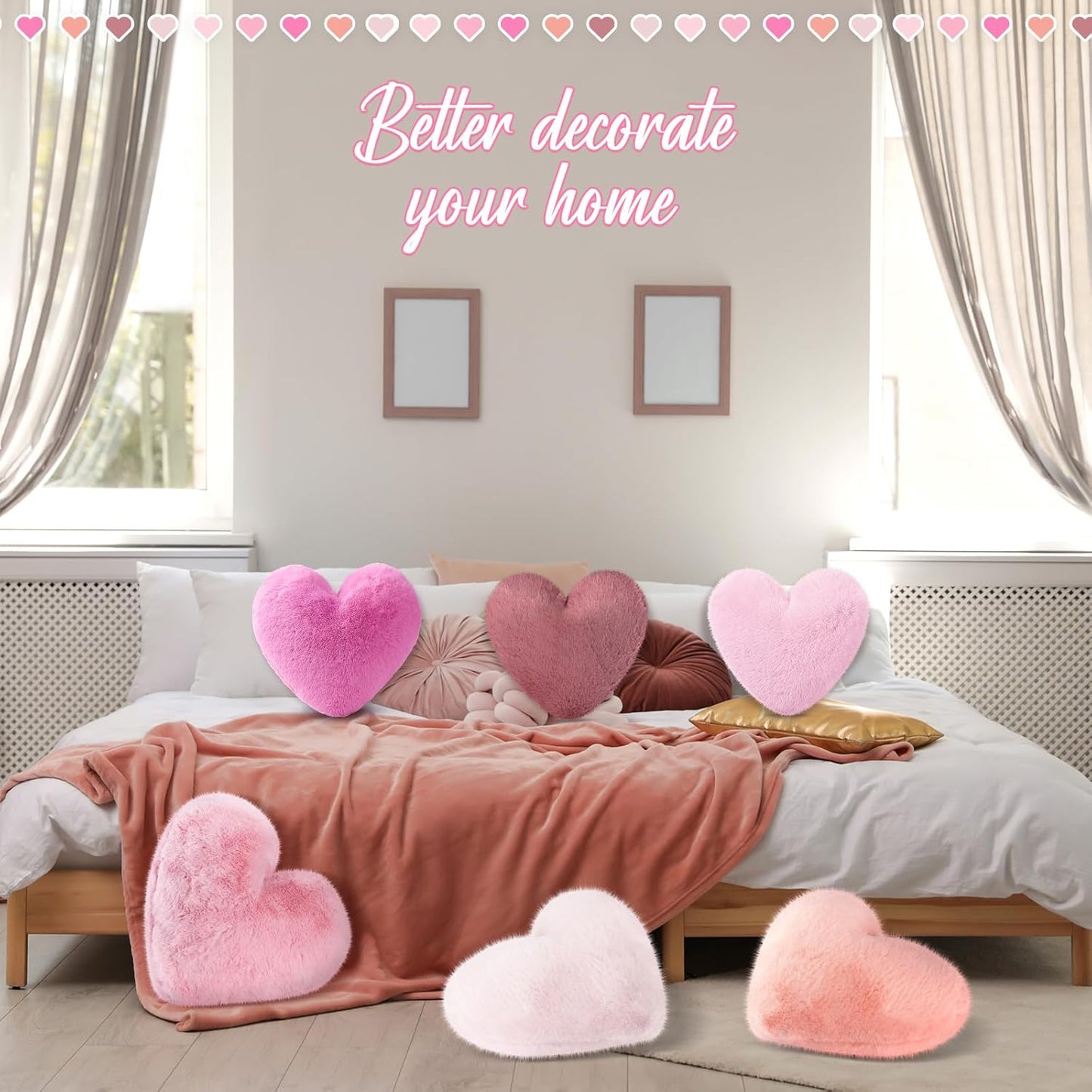 Liliful 6 Pcs Faux Rabbit Fur Heart Pillows Helloween Fluffy Heart Throw Pillows Christmas Cute Couch Cushion Soft Decorative Throw Cushion for Bed Sofa Girls Women(12 x 11 Inch,Pink Series)