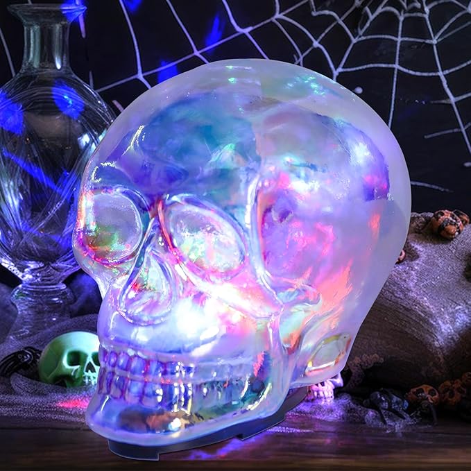 VCUTEKA Halloween Skull Human Light Indoor Decoration Skull Statue Halloween Sculptures with Colorful Light for Party Horror Decoration Holiday Decor Glass Figurines Gift