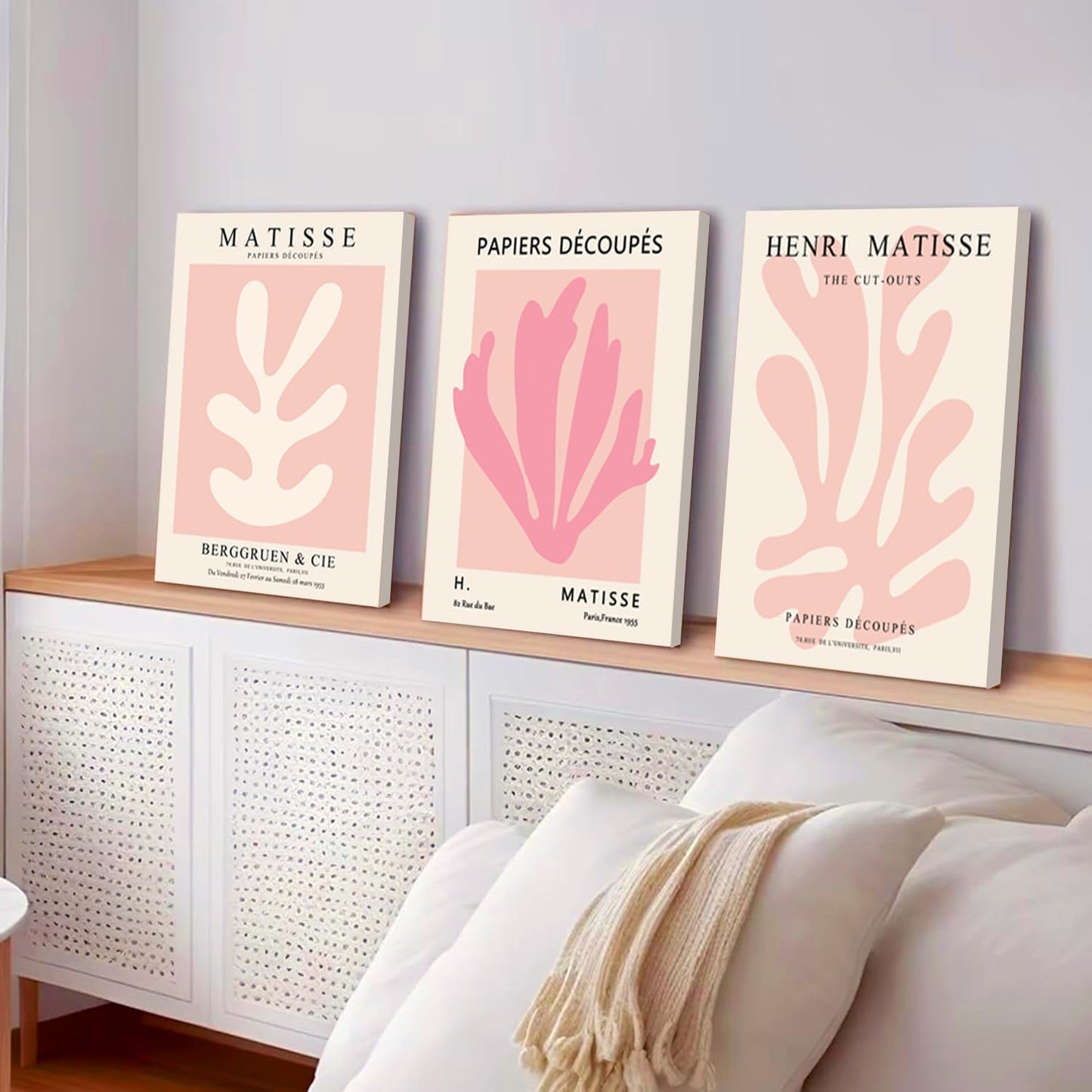 Julaydi Pink Matisse Wall Art Framed Abstract leaf Posters Pastel Henri Matisse Canvas Prints Modern Minimalist Wall Decor Aesthetic Painting Pictures for Living Room Bedroom Bathroom 12x16in Set of 3