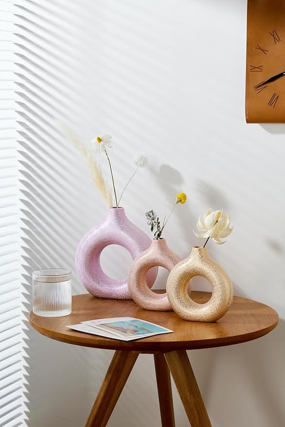 Set of 2 Donut Hollow Ceramic Vase Handmade Minimalist Boho ins Style, Modern Vase for Home Decor for Wedding Dinner Table Party Living Room Office Bedroom (Purple-Gold, Large + Small)