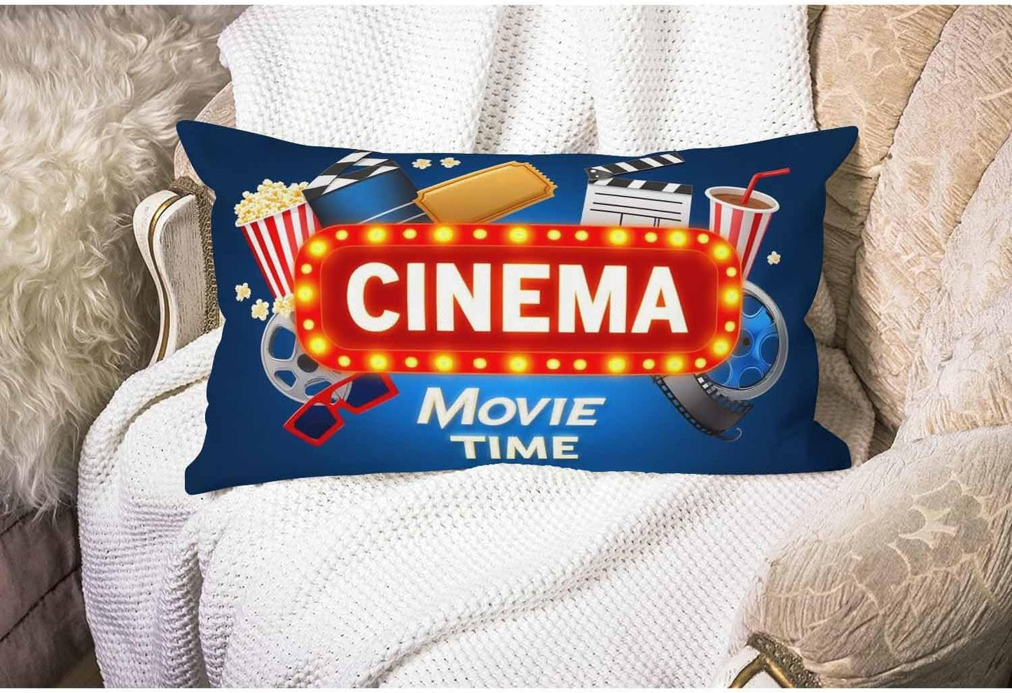 Cinema Movie Time Throw Pillow Cover,Popcorn Drink Clapping Board and Other Objects On Cinematograph Lumbar Cotton Linen Throw Pillow case Cushion Cover for Sofa Home Decorative Oblong 12x20 Inches