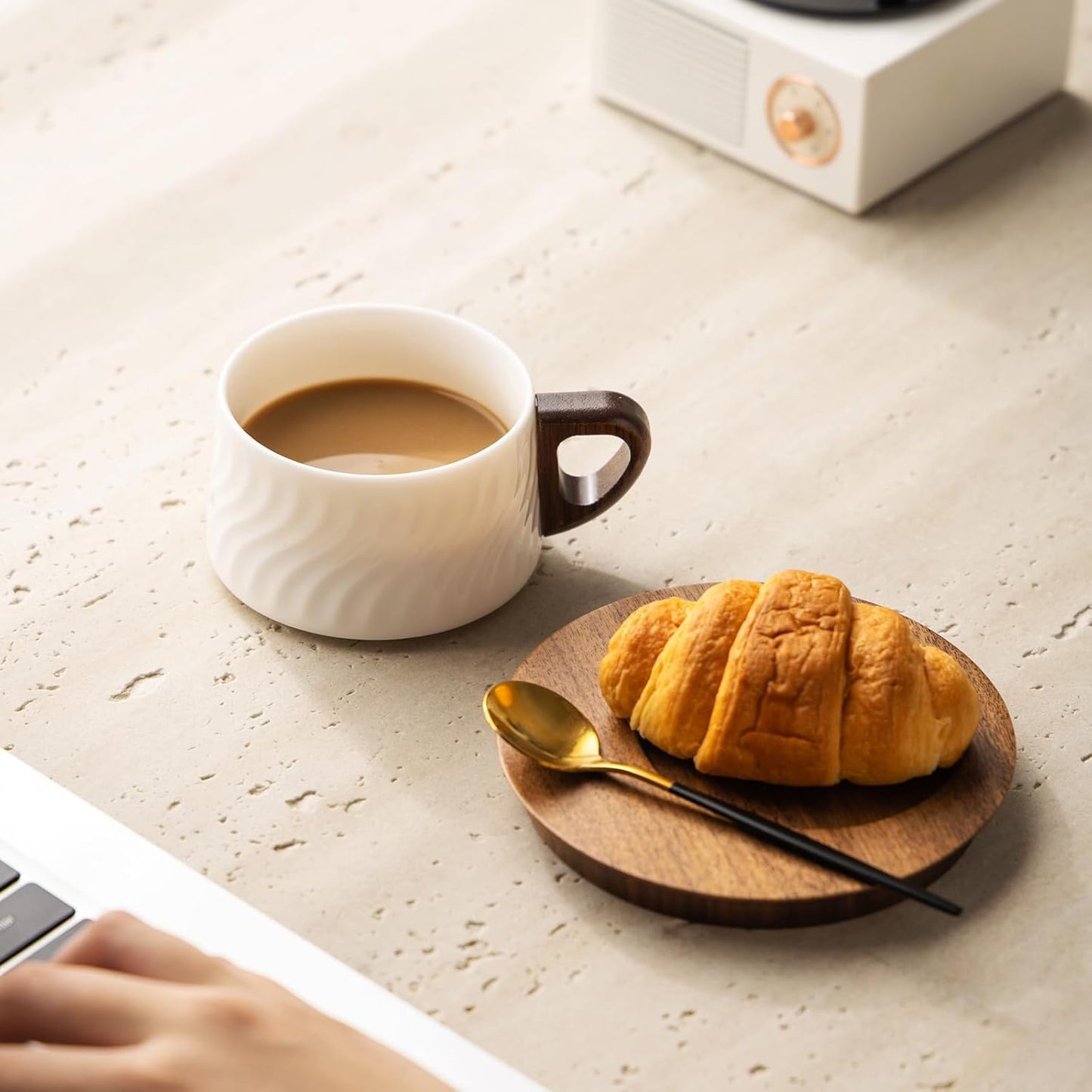 GLLead White Tea Cup and Saucer Set Ceramic Espresso Coffee Cup with Wooden Plate Stainless Spoon 6oz Set of 1 (GL-CS02)