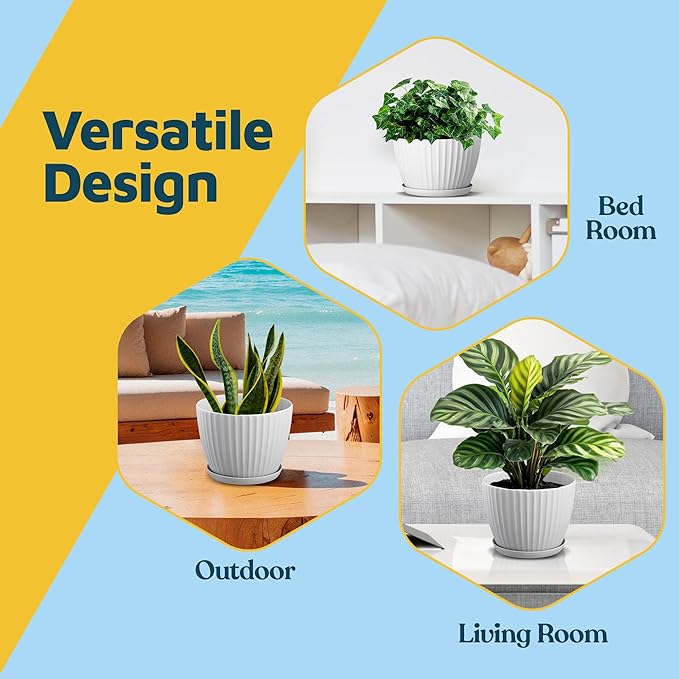 White 6-Inch Plant Pots with Drainage & Saucers 6 Pack, Indoor & Outdoor Planters for Houseplants, Herbs, and Flowers, Durable & Weatherproof Material, Stackable, Lightweight, Minimalist Design