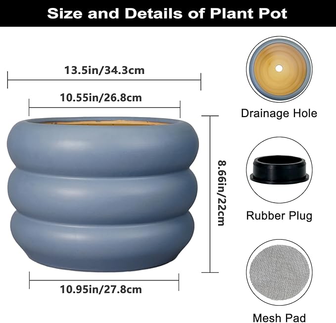 SQOWL Ceramic Planter for Outdoor Plants 13.5 Inch - Plant Pot with Drainage Hole Large Pot for Plants Indoor Unique Round Planter for Entry Way Table Home Decor Gray