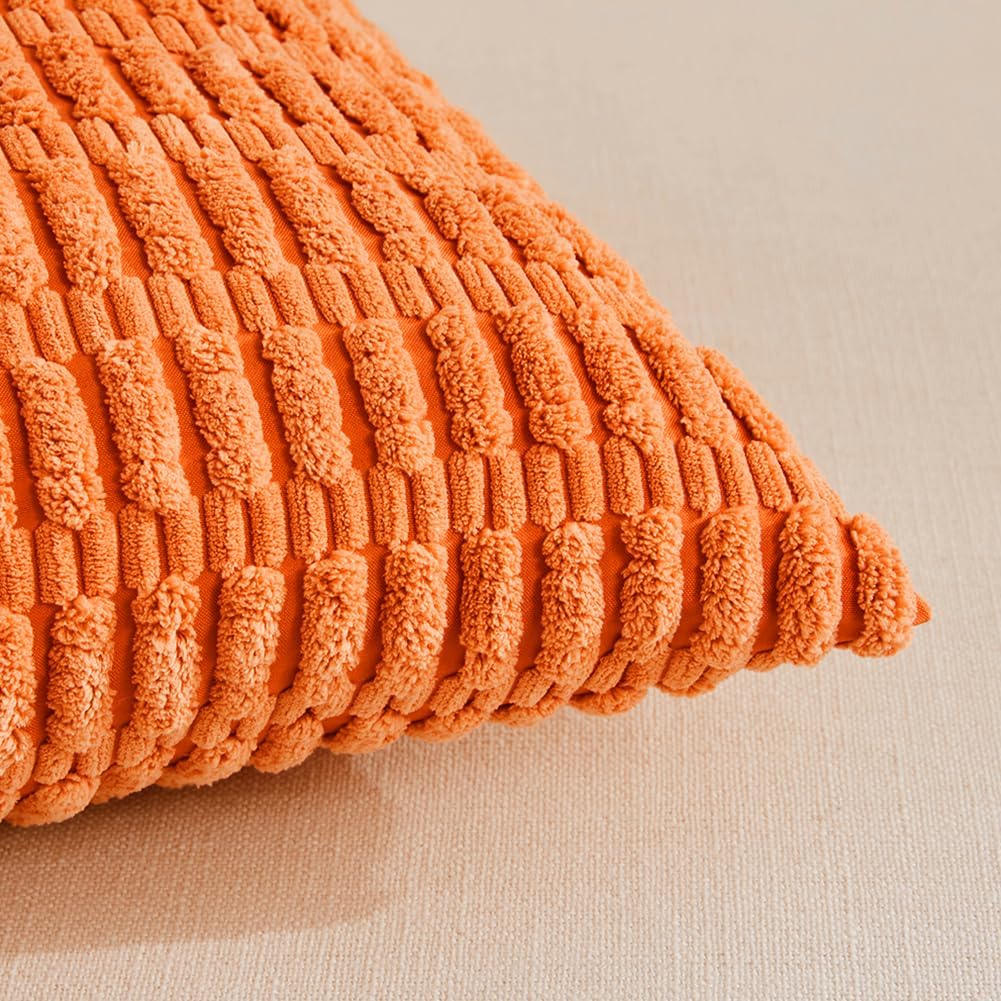Fancy Homi 4 Packs Orange Fall Decorative Throw Pillow Covers 14x14 Inch for Couch Bed Sofa, Halloween Pumpkin Autumn Home Decor, Soft Cute Plush Corduroy Striped Cushion Case 35x35 CM