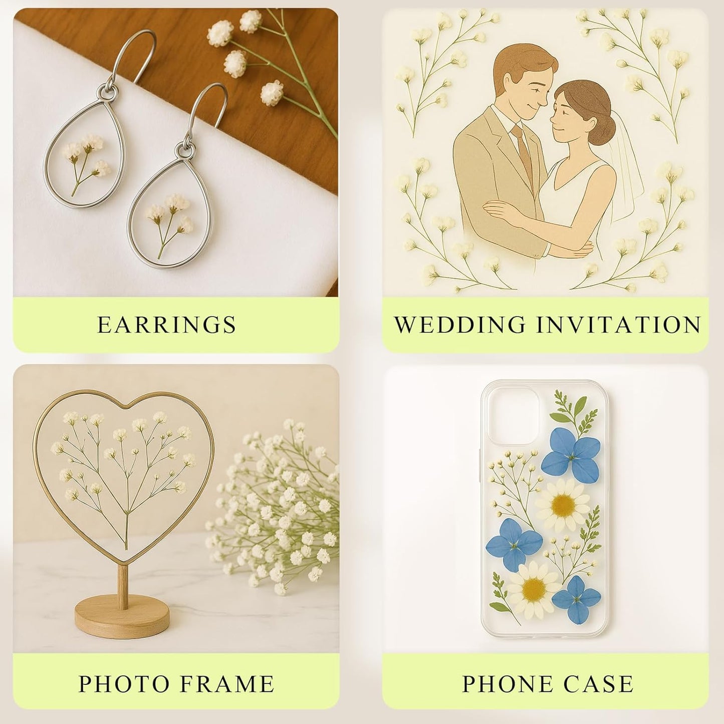 Dried Baby' s Breath Flowers Bulk - 120Pcs Pressed Babys Breath for Invitations, Resin Art & DIY Crafts, Natural White Baby Breath with Green Stem for Wedding Cards, Nail Art, Scrapbook