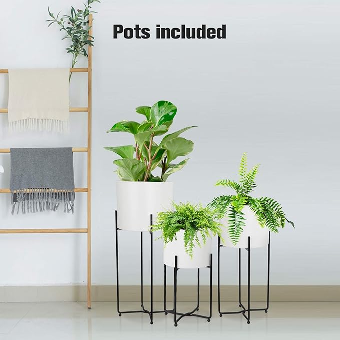 Sinolodo Mid Century Planter with Gold Plant Stand, 3 pcs Modern Planters for Indoor Plants, Metal Floor Planter Set with Foldable Stand(Pack of 3) (White Pot Black Stand, 9''+8''+7'')