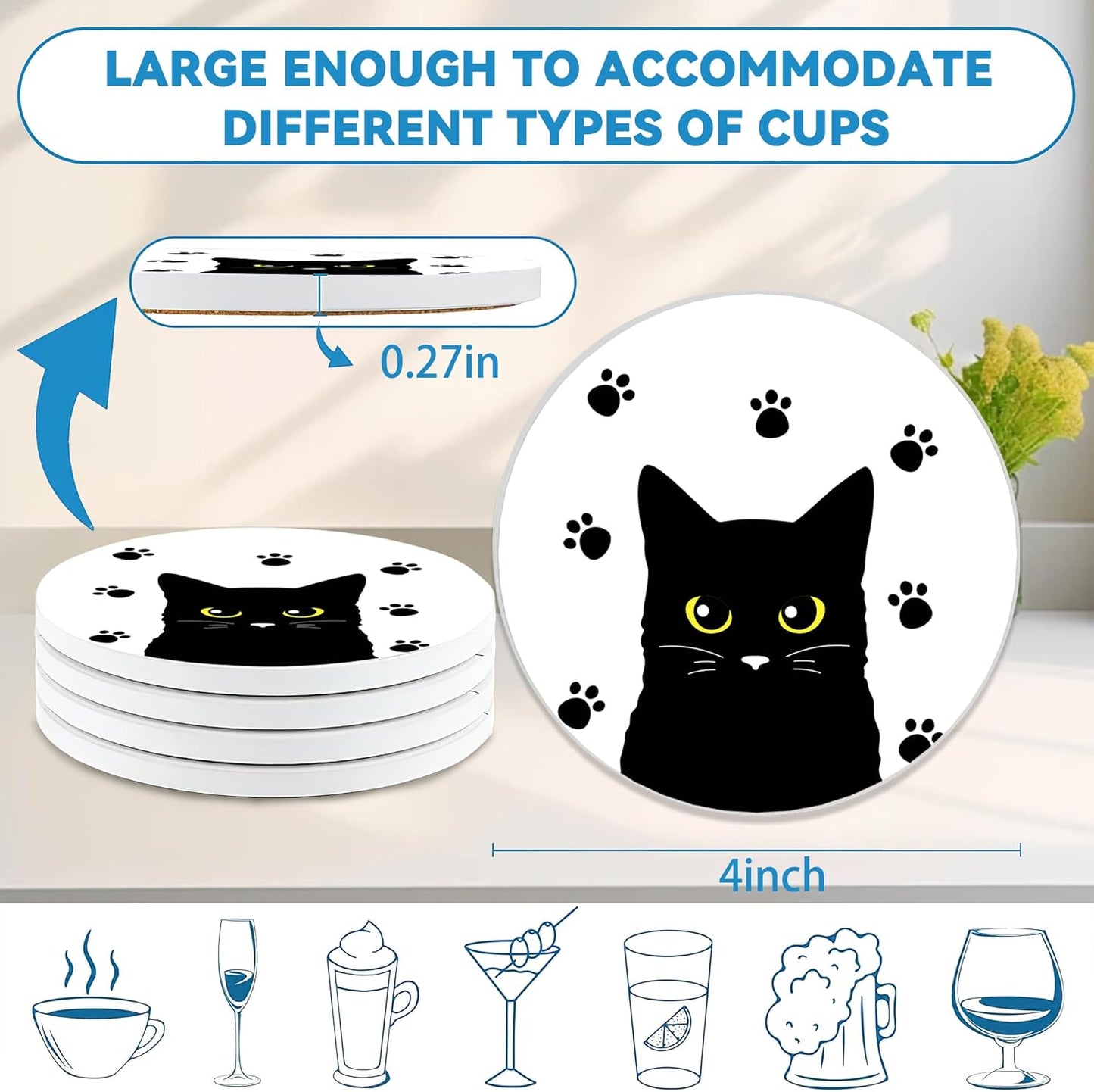 Drinks Coasters Set of 4, Black Cat Round 4" Cup Coasters, Absorbent Ceramic Stone Coasters with Cork Base, Cute Coasters for Table Home Décor, Ideal Gifts for Women Men
