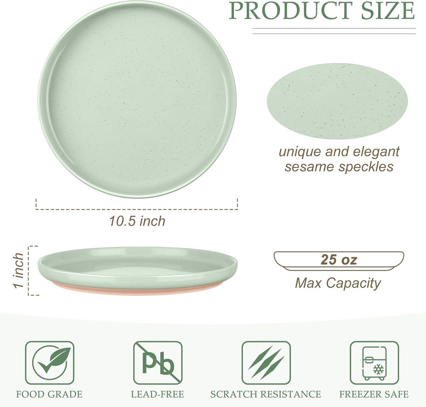 LIANYU Dinner Plates Set of 4, 10.5’’ Large and Round Stoneware Plates, Ceramic Dishes Set for Kitchen Serving Salad, Dessert, Steak, Oven, Microwave & Dishwasher Safe, Scratch Resistant, Fog Green