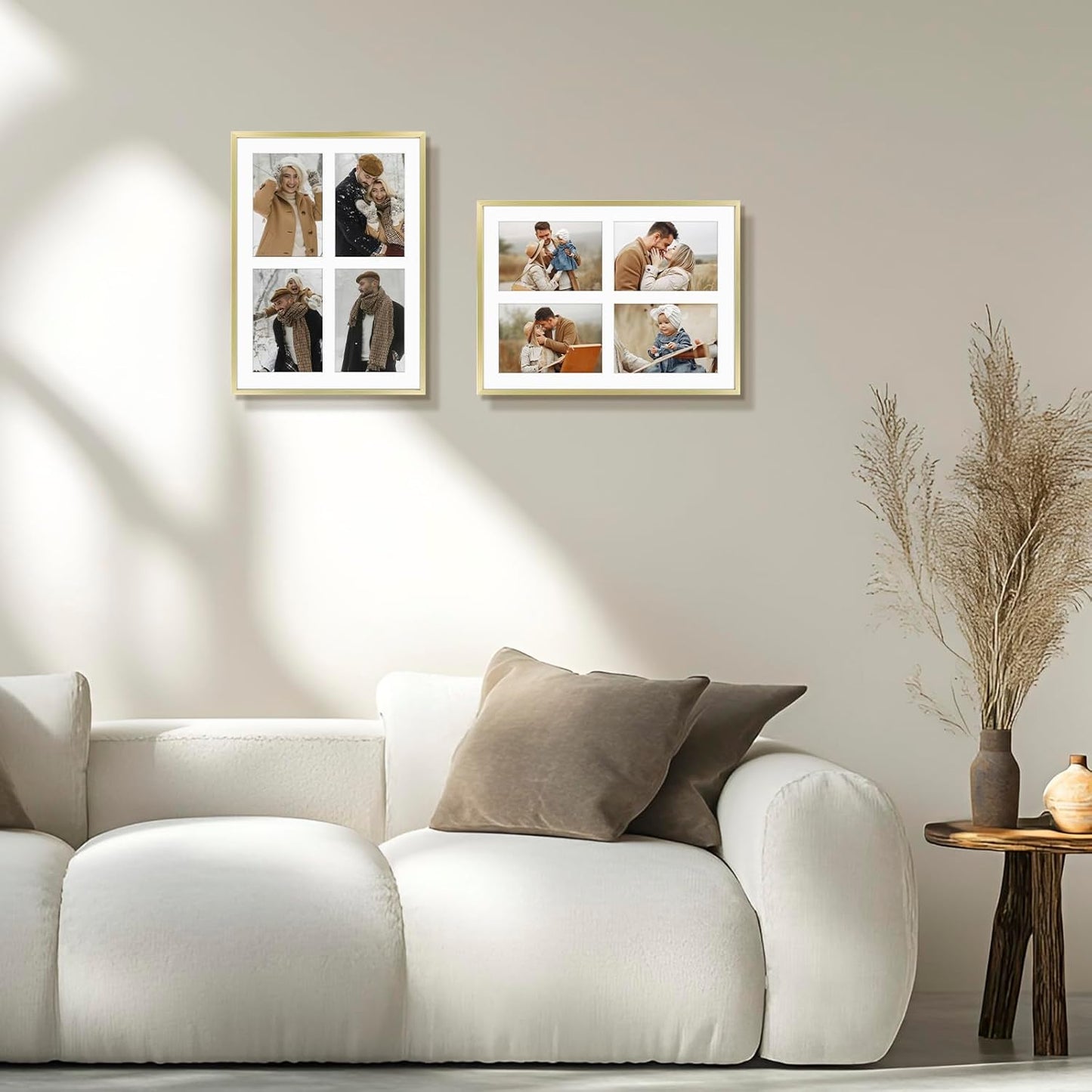 Frametory - 12x16 Aluminum Collage Picture Frame - Display 5x7 Pictures with 4 Openings Mat - Real Glass Front - Horizontal/Vertical Wall Mount - Gold 1 Pack