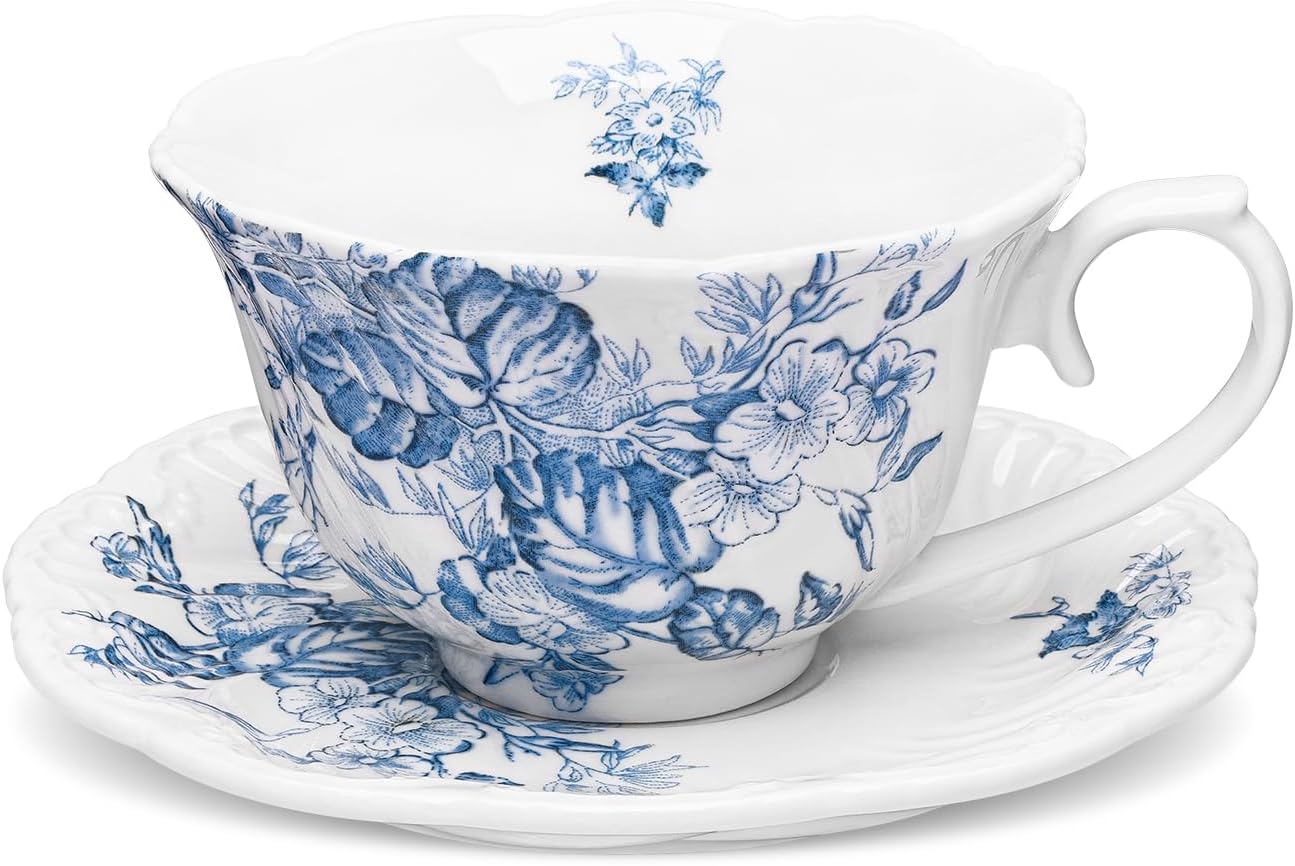 fanquare 8 Ounce Blue and White Tea Cup and Saucer Set, Relief Porcelain Coffee Cup with Ruffled Rim, Vintage Teacups for Women and Tea Parties
