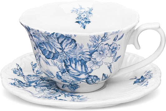 fanquare 8 Ounce Blue and White Tea Cup and Saucer Set, Relief Porcelain Coffee Cup with Ruffled Rim, Vintage Teacups for Women and Tea Parties
