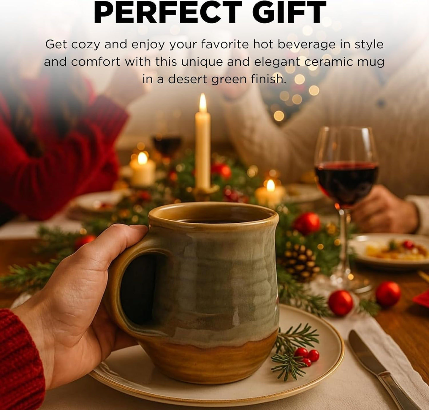 Hand Warmer Mug, Handmade Pottery Ceramic and Hand Painted - The Contoured Pocket will Hold Warmth From The Heat Of Your Drink To Keep Your Fingers Warm, Comfy Handwarmer (Desert Green) (Left hand)