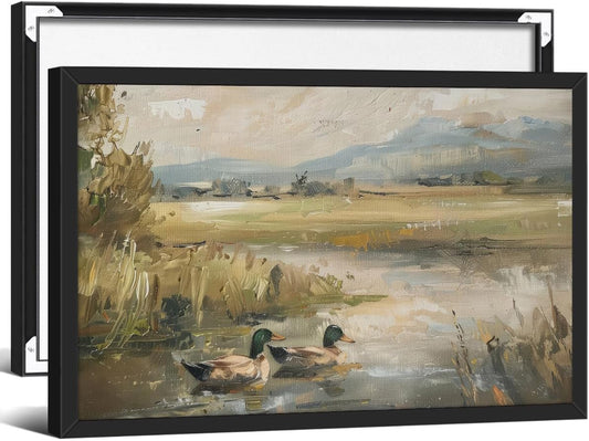 Mallard Duck Pond Poster Animal Farmhouse Canvas Wall Art Vintage Duck Painting Oil Painting 24x36 inch Black Framed Bird Hunter Gift for Rustic Cabin Nursery Wall Decor