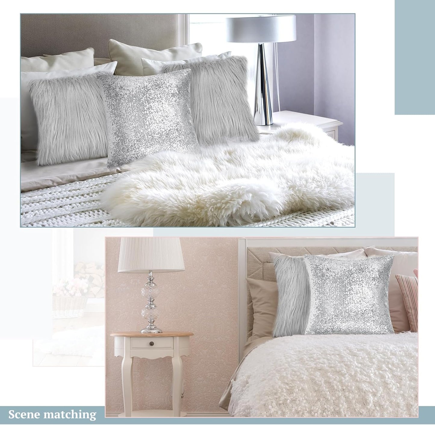 Irenare 4 Pcs Sequin and Fluffy Pillow Covers Winter Throw Pillow Cases Soft Cushion Cover for Couch Bed Sofa Xmas Day(18 x 18 Inch,Silver, Gray)