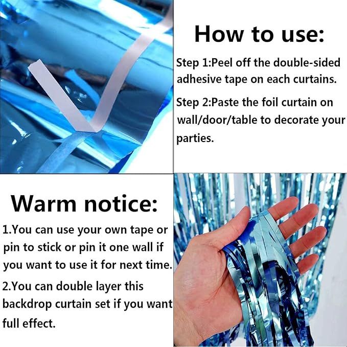 4 Pack Light Blue Foil Fringe Curtain Backdrop, 3.3Ft x 9.8Ft Metallic Tinsel Foil Fringe Streamers Curtains for Photo Booth, Wedding, Thanksgiving, Birthday, Christmas, Halloween Party Decoration