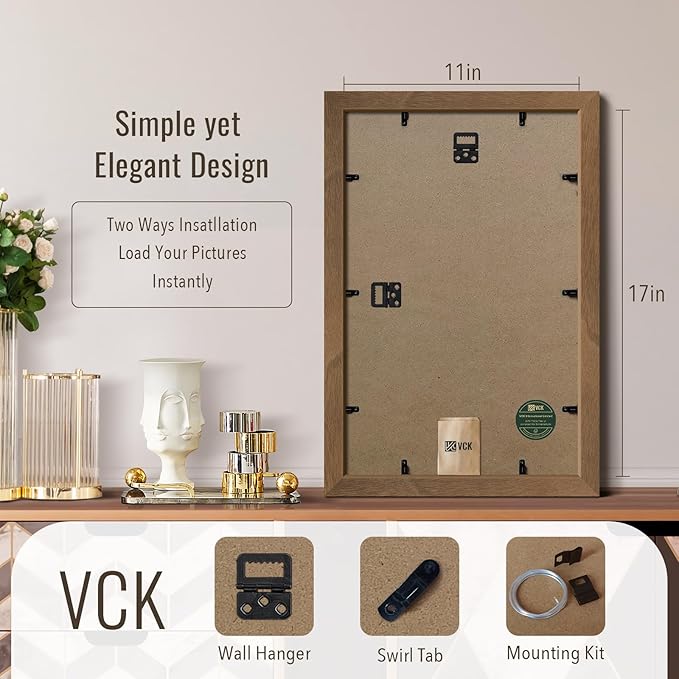 VCK 11x17 Picture Frame 3 Pack - Brown Walnut, Natural Wood Grain Solid Wood Poster Frame, Wall Gallery Frame