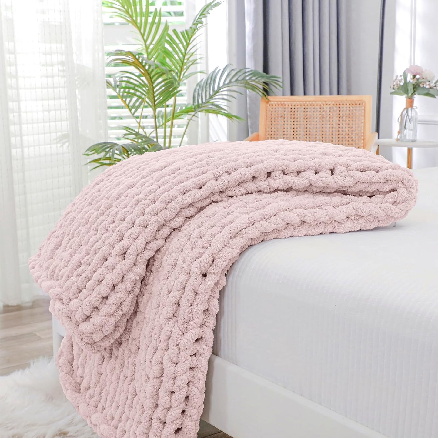 Bigacogo Chunky Knit Throw Blanket for Couch, 40x40 inches, 100% Hand Knitted with Thick Jumbo Chenille Yarn, Cozy Soft Large Rope Knot Cable Crochet Blankets for Sofa Bed Living Room, Rose Tan