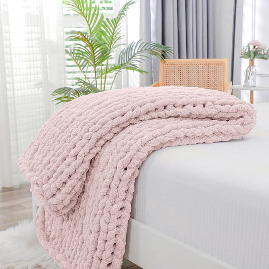Bigacogo Chunky Knit Throw Blanket for Couch, 40x40 inches, 100% Hand Knitted with Thick Jumbo Chenille Yarn, Cozy Soft Large Rope Knot Cable Crochet Blankets for Sofa Bed Living Room, Rose Tan