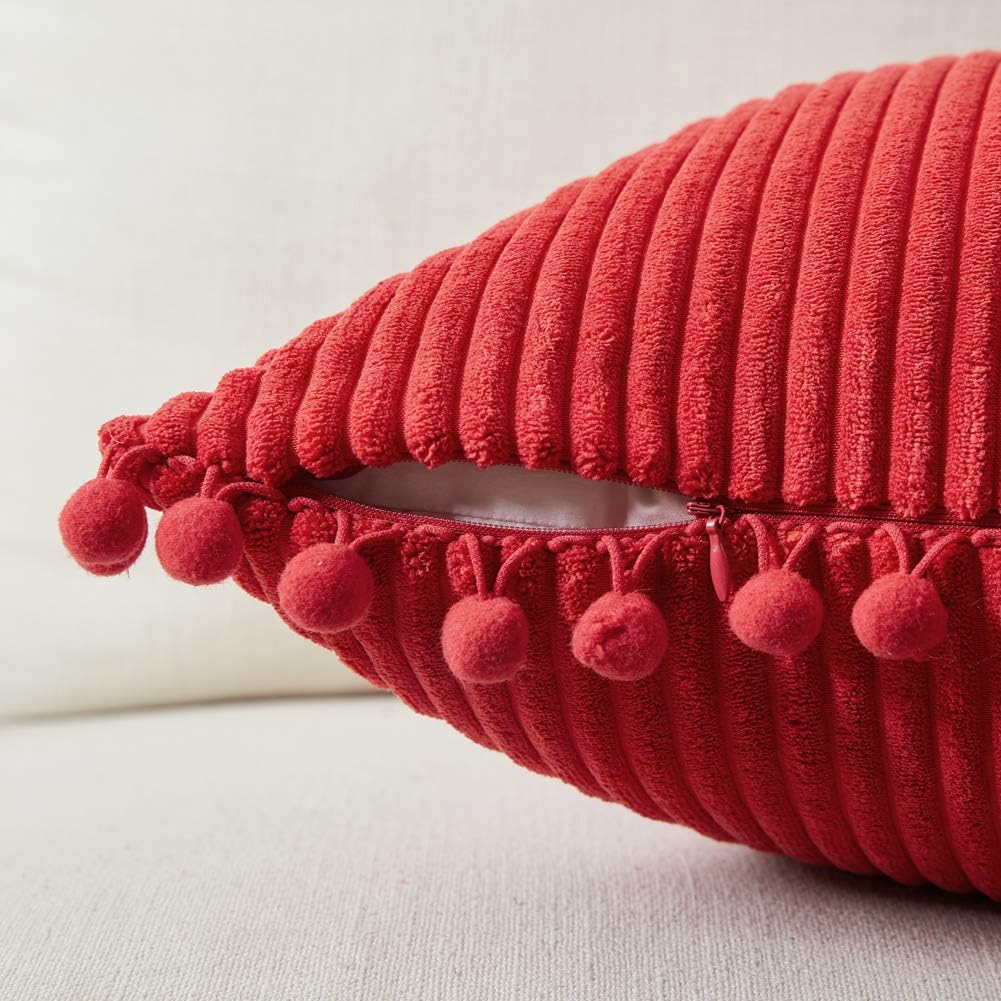 Fancy Homi Pack of 2 Christmas Rectangle Decorative Throw Pillow Covers with Pom-poms, Soft Corduroy Accent Solid Cushion Case Set for Couch Sofa Bedroom Car Living Room (12x20 Inch/30x50 cm, Red)
