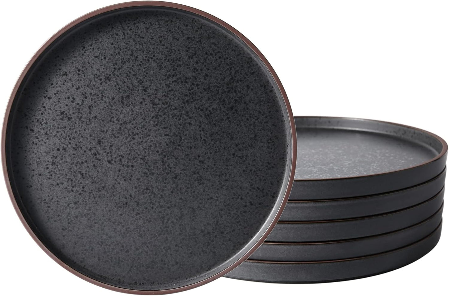 LERATIO Salad Plates,8.0 inch ceramic plates,Ceramic Salad Plates Set of 6,Modern Shape Dinnerware Dishes Set for Kitchen, Microwave & Dishwasher & Oven Safe,Matte Black with coffee rim