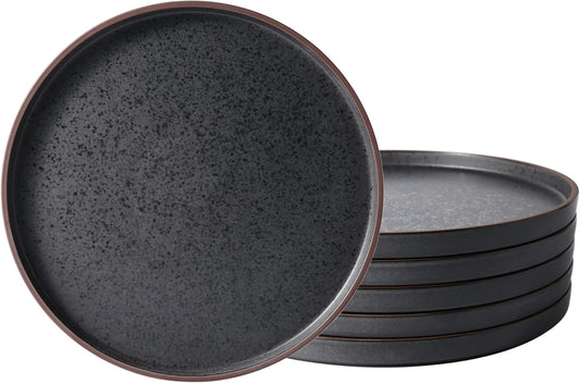 LERATIO Salad Plates,8.0 inch ceramic plates,Ceramic Salad Plates Set of 6,Modern Shape Dinnerware Dishes Set for Kitchen, Microwave & Dishwasher & Oven Safe,Matte Black with coffee rim