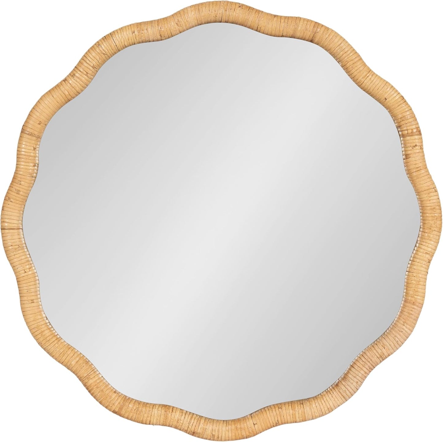 Kate and Laurel Rahfy Boho Scalloped Round Rattan Mirror; 26 Inch Diameter; Natural Wood; Decorative Round Wavy Mirror with Authentic Rattan Frame for Boho Wall Decor