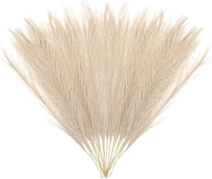 30 Pcs Light Coffee Faux Pampas Grass, 17 Inches Artificial Pampas Grass Bulk, Short Fluffy Faux Pompas for Vase Filler, Home Boho, Wedding Anniversaries, Baby Shower Decoration