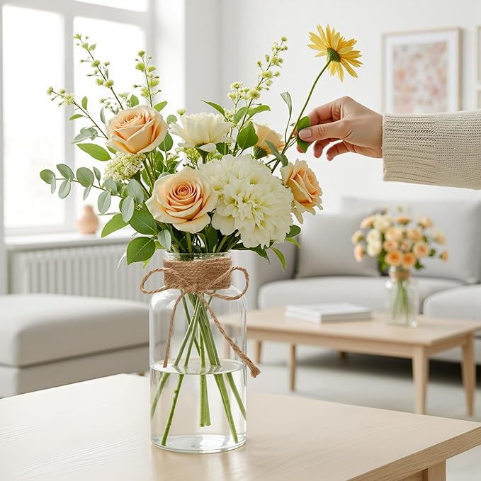 Vintage Glass Flower Vase Set of 8 Clear Vases with Hemp Rope for Farmhouse Wedding Centerpiece Cylinder Bottle for Reception Table Decoration Home Decor Floral Arrangements（Large）