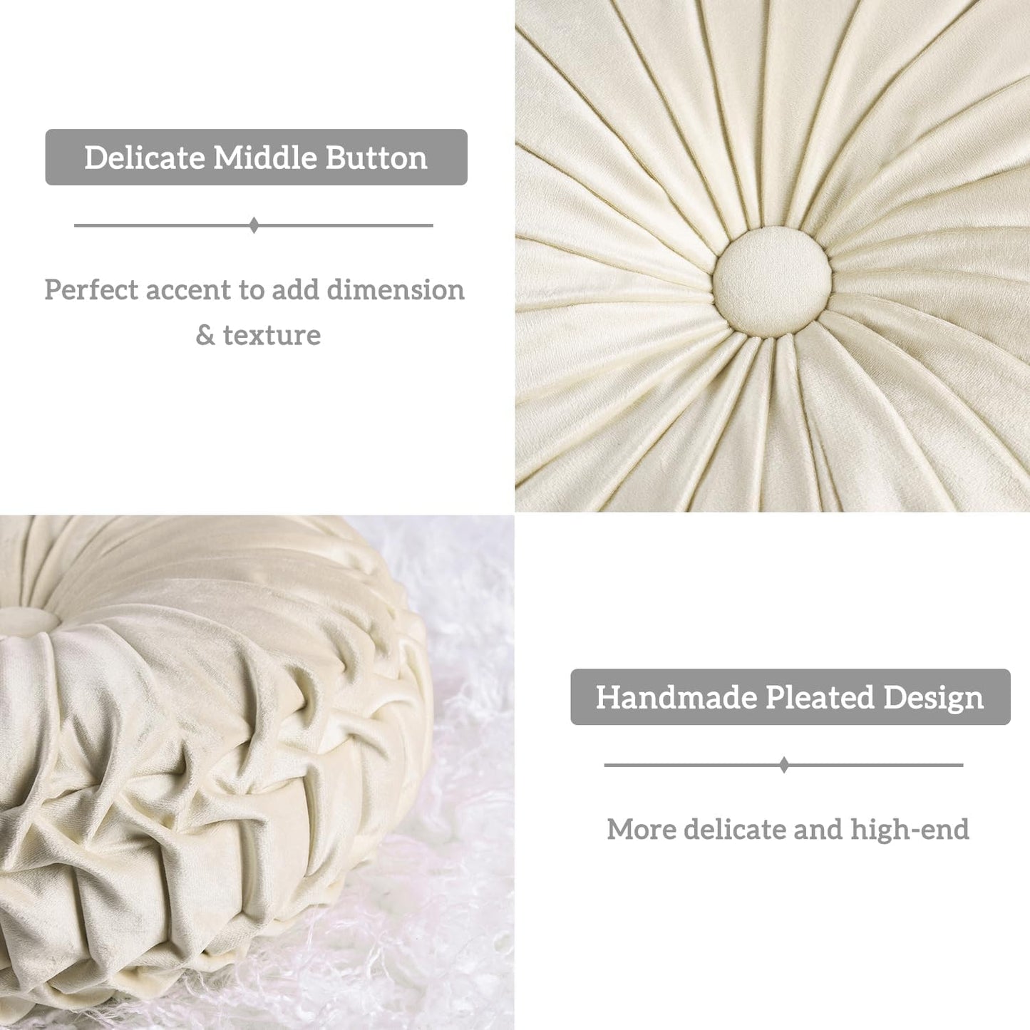 HIG Set of 2 Decorative Round Pleated Throw Pillows,Classy Accent Pumpkin Throw Pillows with Center Button,Vintage Velvet Floor Pillows for Sofa Vanity Chair Bed, Beige,14.6" Diameter(Ripple)