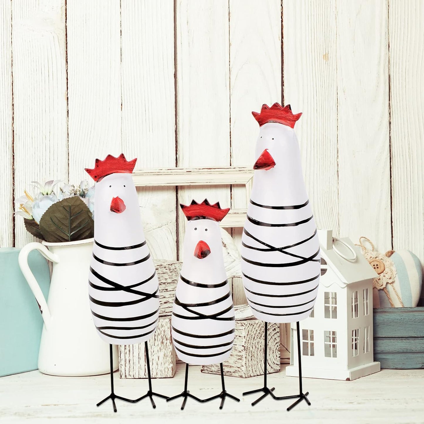 Berry President Cute Wood Wooden Chicken Chook Carving Figurines for Home Decor, Rooster Kitchen Decor, Living Room Decorations,Pack of 3 Pcs (White)