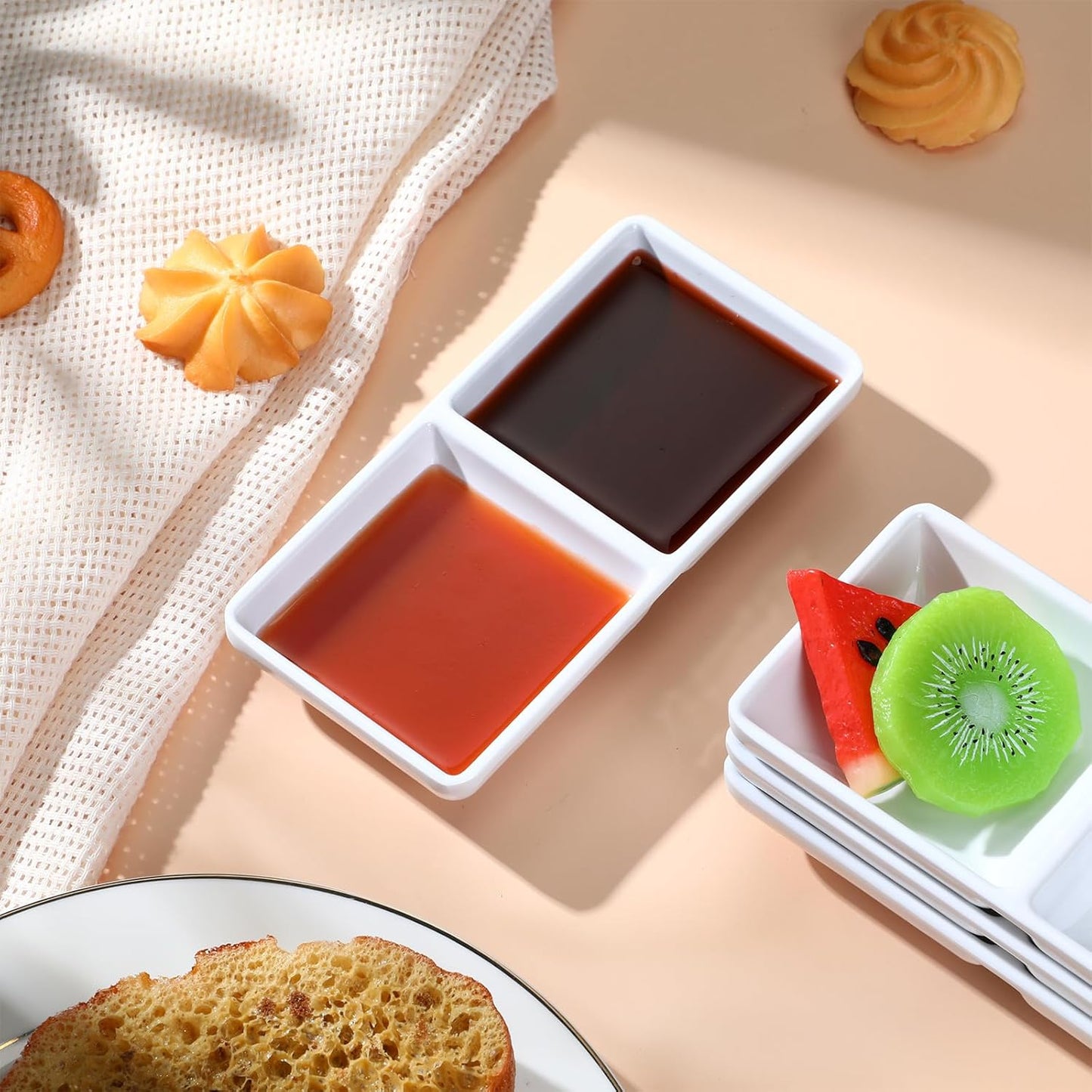 Gejoy 6 Pcs Dual Dipping Sauce Bowls Soy Sauce Dish Bowls Two Compartments Party Trays Divided Fondue Plates for Restaurant Kitchen Sushi Soy (White)