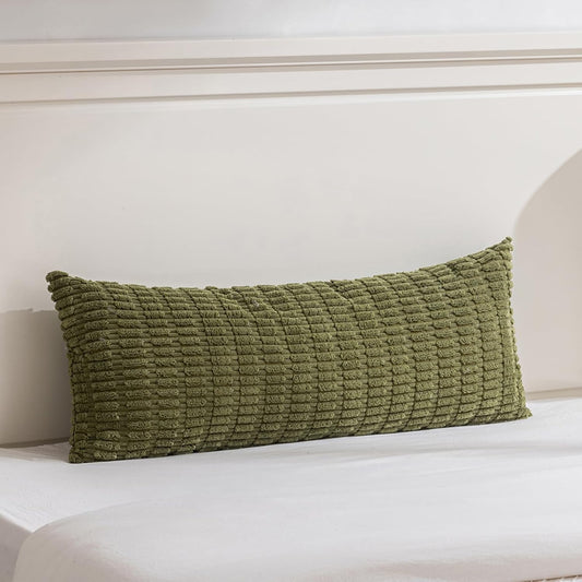 Fancy Homi 1 Pack Moss Green Long Lumbar Body Decorative Throw Pillow Covers 20x54 Inch for Bed Couch Bedroom Bench, Soft Corduroy Rectangle Solid Pillow Case 50x137 cm, Rustic Farmhouse Boho Decor