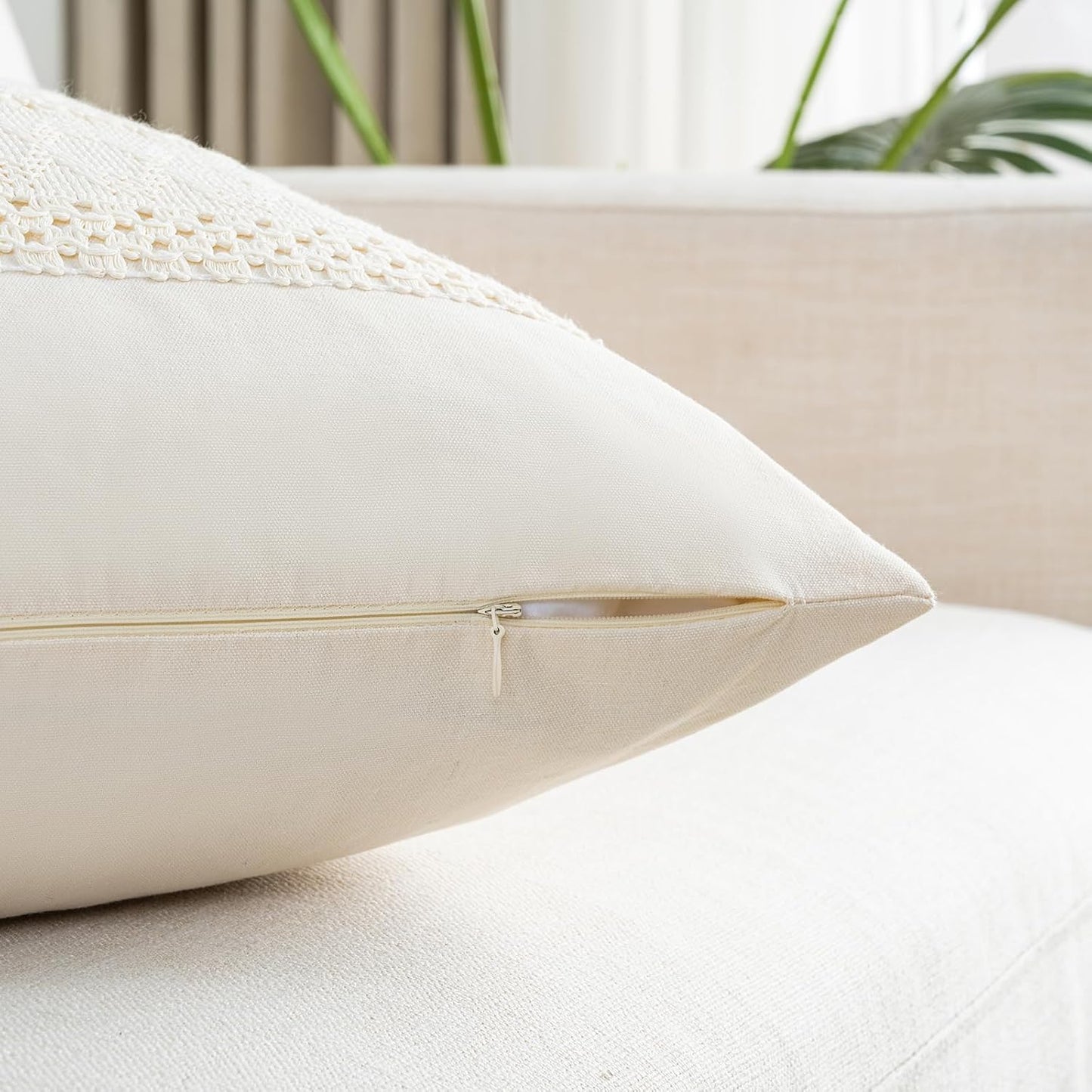 Fancy Homi Set of 1 Boho Cream Decorative Throw Pillow Cover 18x18 Inch for Couch Bed Sofa, Aesthetic Modern Organic Farmhouse Home Decor, Soft Cotton Cute Accent Macrame Woven Cushion Case