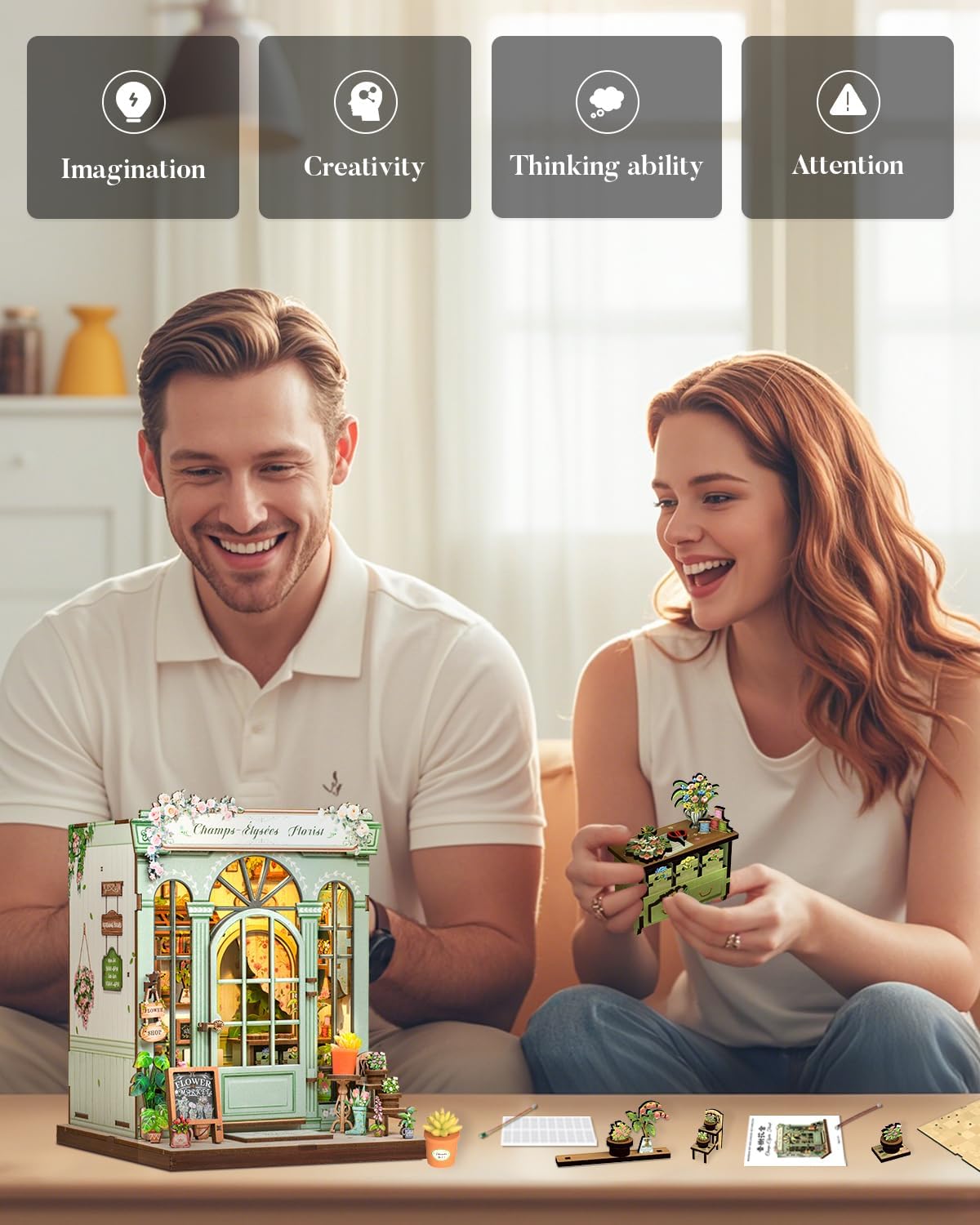 Cutefun Book Nook Kit - DIY Miniature Dollhouse Kit for Adults and Teens, French Flower Shop Mini House Building Kit with LED, 3D Wooden Puzzle for Beginner Creative Gifts (Champs-Élysées Florist)