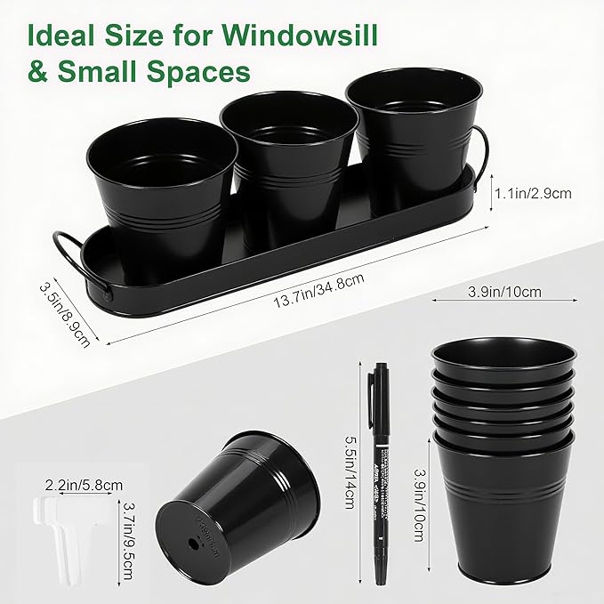 Herb Garden Planter Indoor Kit – 6 Metal Pots with 2 Trays for Windowsill & Kitchen Counter – Modern Decorative Indoor Planters for Herbs, Succulents & Small Plants, Black