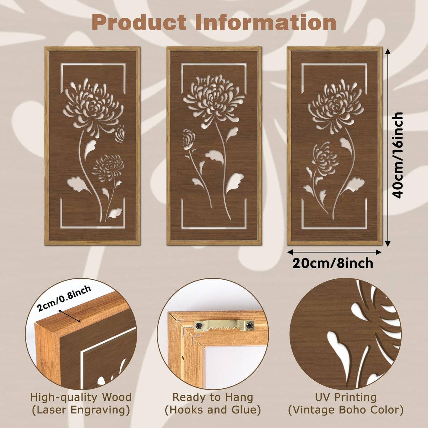 KAIRNE Floral Wooden Wall Art,Hollowed-Out Flower Farmhouse Decor Set of 3(16X8),Brown Vintage Wood Hanging Decor,Ready to Hang Framed Wall Decor,Retro Design for Living Room Bedroom Office Decor