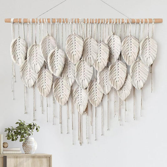 LOMOHOO Macrame Wall Hanging Boho Beige Leaves Tapestry Bohemian Handmade Woven Wall Art Decoration for Bedroom Living Room Apartment Dorm Gallery Perfect Handmade Gift Ideas